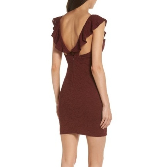 NEW Lulus Ruffle Neck Lace Minidress BURGUNDY - Picture 3 of 4
